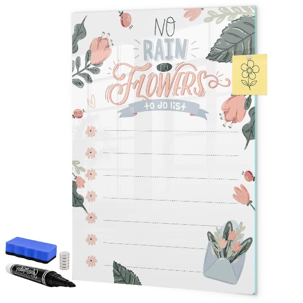 Decoratief glazen wandbord beschrijfbaar en magnetisch Bloemen en herinneringen op één plek.