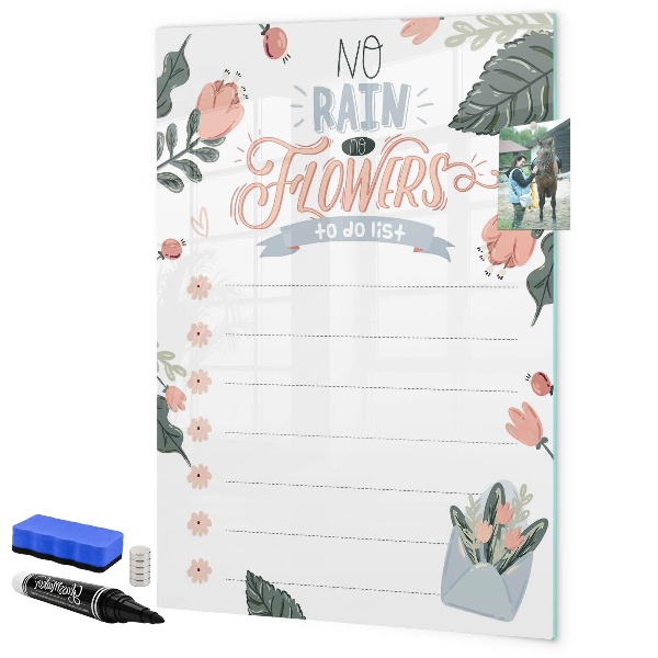 Decoratief glazen wandbord beschrijfbaar en magnetisch Bloemen en herinneringen op één plek.