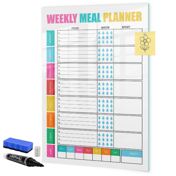 Decoratief glazen wandbord beschrijfbaar en magnetisch Maaltijdplanner voor elke week