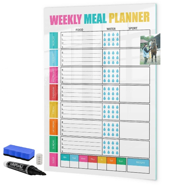 Decoratief glazen wandbord beschrijfbaar en magnetisch Maaltijdplanner voor elke week