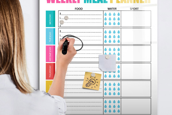 Decoratief glazen wandbord beschrijfbaar en magnetisch Maaltijdplanner voor elke week