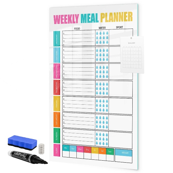 Decoratief glazen wandbord beschrijfbaar en magnetisch Maaltijdplanner voor elke week