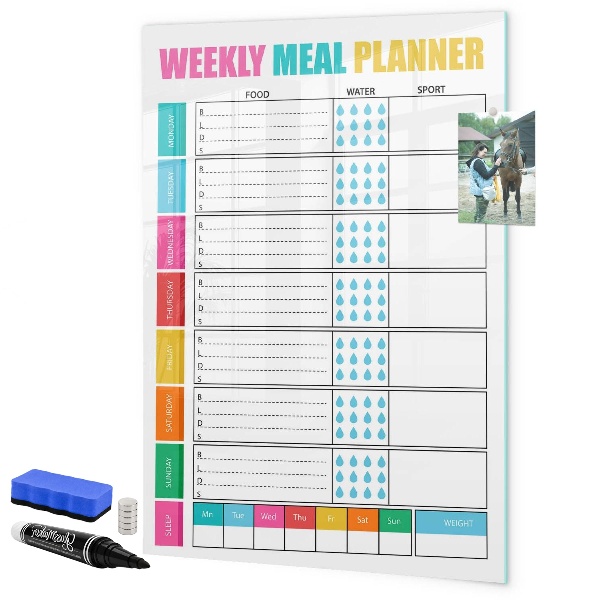 Decoratief glazen wandbord beschrijfbaar en magnetisch Maaltijdplanner voor elke week