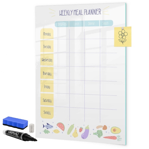 Decoratief glazen wandbord beschrijfbaar en magnetisch Maaltijdplanner voor de hele week