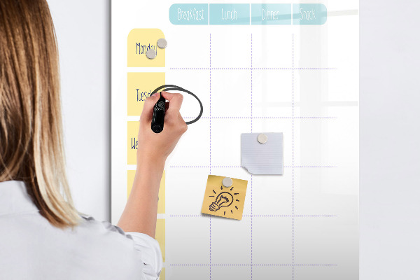 Decoratief glazen wandbord beschrijfbaar en magnetisch Maaltijdplanner voor de hele week
