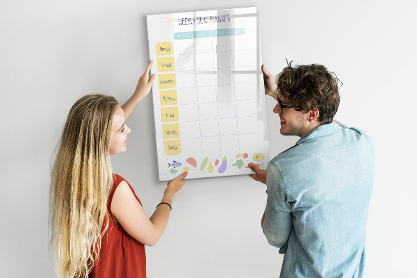 Decoratief glazen wandbord beschrijfbaar en magnetisch Maaltijdplanner voor de hele week