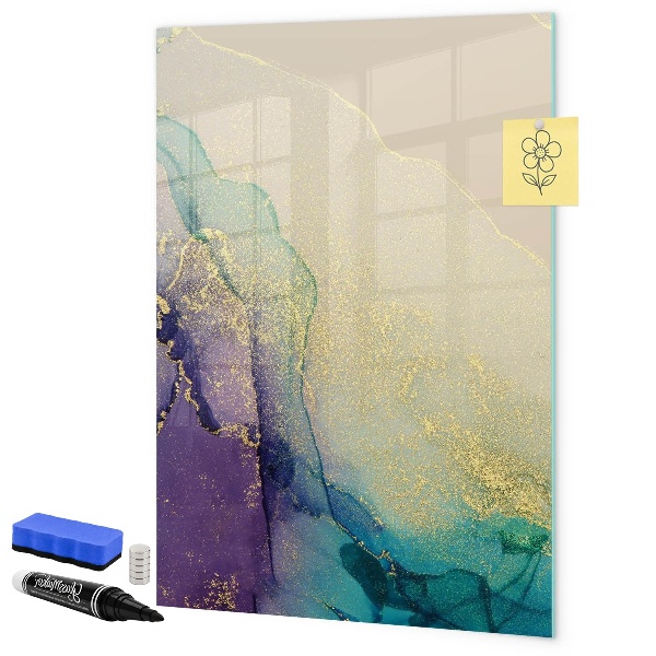 Decoratief glazen wandbord beschrijfbaar en magnetisch Kleurrijke herinneringen op een kurkbord.