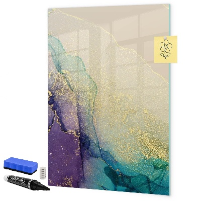 Decoratief glazen wandbord beschrijfbaar en magnetisch Kleurrijke herinneringen op een kurkbord.