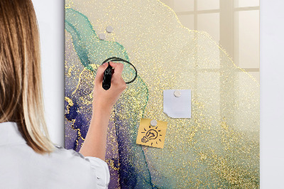 Decoratief glazen wandbord beschrijfbaar en magnetisch Kleurrijke herinneringen op een kurkbord.