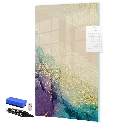 Decoratief glazen wandbord beschrijfbaar en magnetisch Kleurrijke herinneringen op een kurkbord.