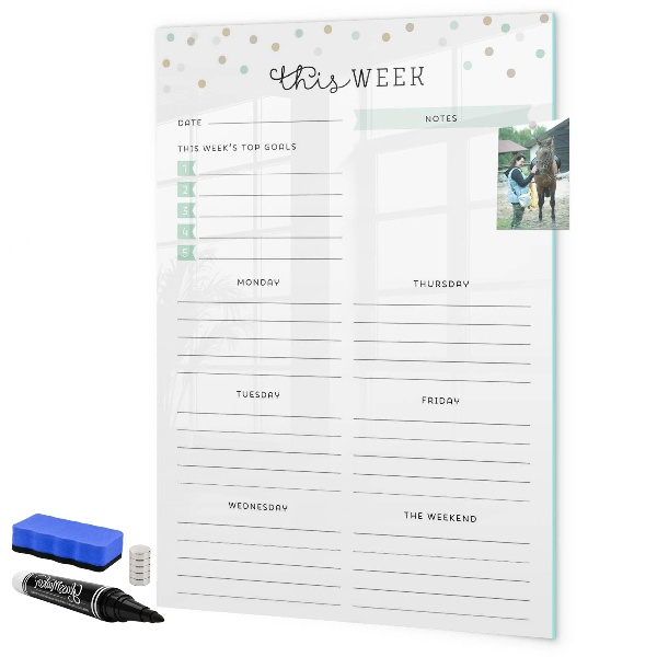 Memobord van glas met print inclusief neodymium magneten Weekplanner met ruimte voor notities