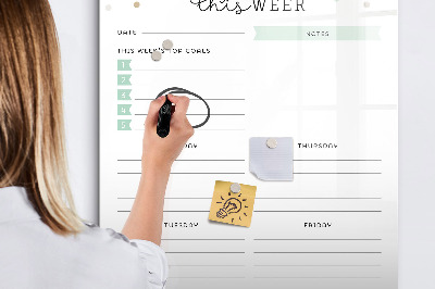 Memobord van glas met print inclusief neodymium magneten Weekplanner met ruimte voor notities