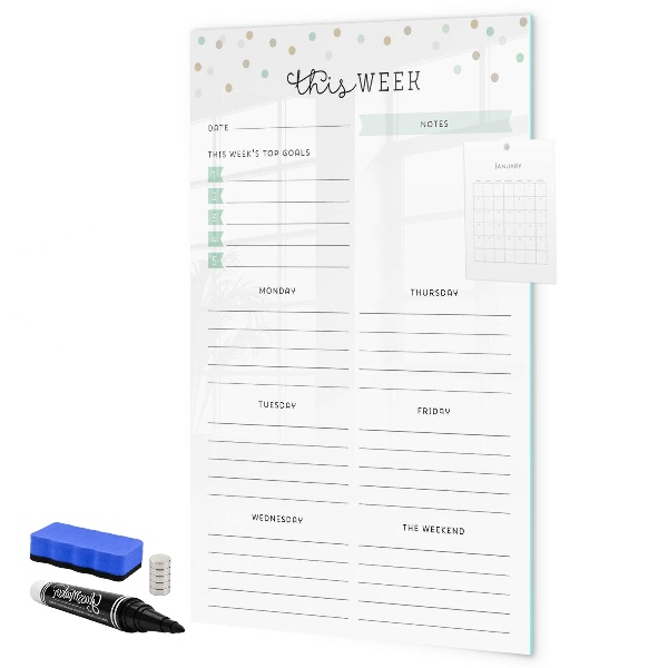 Memobord van glas met print inclusief neodymium magneten Weekplanner met ruimte voor notities