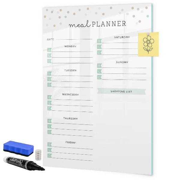 Decoratief glazen wandbord beschrijfbaar en magnetisch Maaltijdplanner voor de hele week