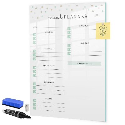 Decoratief glazen wandbord beschrijfbaar en magnetisch Maaltijdplanner voor de hele week