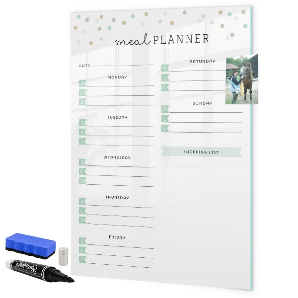 Decoratief glazen wandbord beschrijfbaar en magnetisch Maaltijdplanner voor de hele week