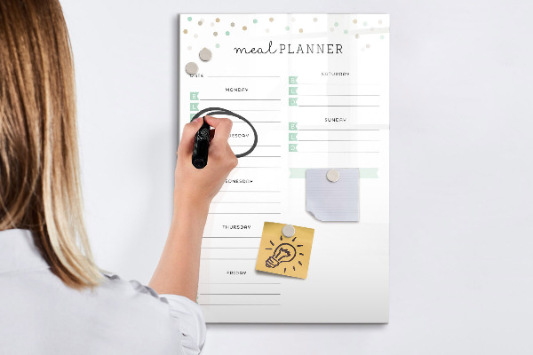 Decoratief glazen wandbord beschrijfbaar en magnetisch Maaltijdplanner voor de hele week
