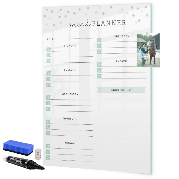 Decoratief glazen wandbord beschrijfbaar en magnetisch Maaltijdplanner voor de hele week