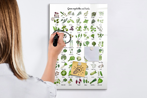 Memobord van glas met print inclusief neodymium magneten Groene groenten en kruiden in grafische weergave
