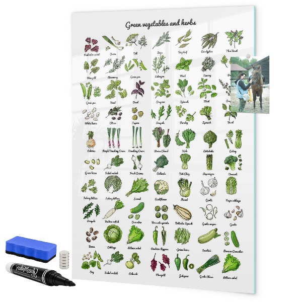 Memobord van glas met print inclusief neodymium magneten Groene groenten en kruiden in grafische weergave