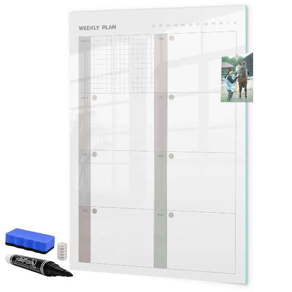 Decoratief glazen wandbord beschrijfbaar en magnetisch Weekplanning met ruimte voor foto's