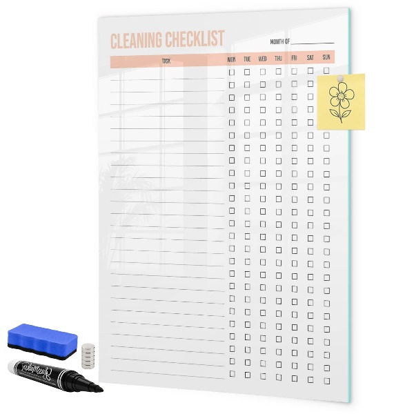 Memobord van glas met print inclusief neodymium magneten Maandelijkse schoonmaaklijst