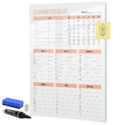 Decoratief glazen wandbord beschrijfbaar en magnetisch Schoonmaaktakenlijst