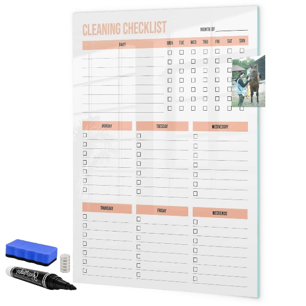 Decoratief glazen wandbord beschrijfbaar en magnetisch Schoonmaaktakenlijst