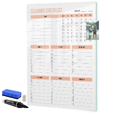 Decoratief glazen wandbord beschrijfbaar en magnetisch Schoonmaaktakenlijst