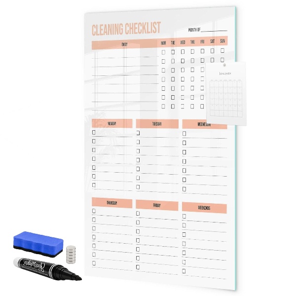 Decoratief glazen wandbord beschrijfbaar en magnetisch Schoonmaaktakenlijst