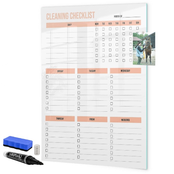 Decoratief glazen wandbord beschrijfbaar en magnetisch Schoonmaaktakenlijst