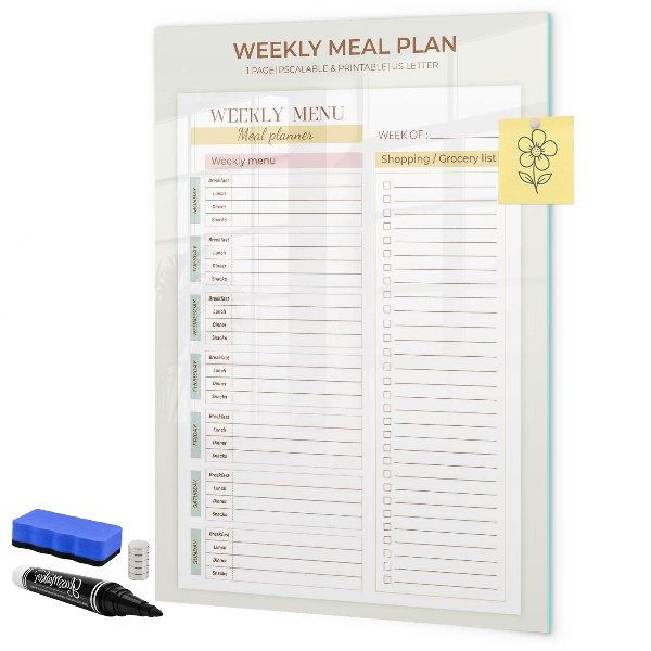 Memobord van glas met print inclusief neodymium magneten Maaltijdplan voor elke week