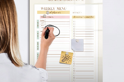 Memobord van glas met print inclusief neodymium magneten Maaltijdplan voor elke week