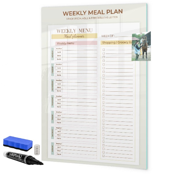 Memobord van glas met print inclusief neodymium magneten Maaltijdplan voor elke week