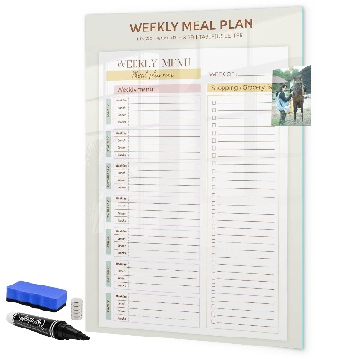 Memobord van glas met print inclusief neodymium magneten Maaltijdplan voor elke week