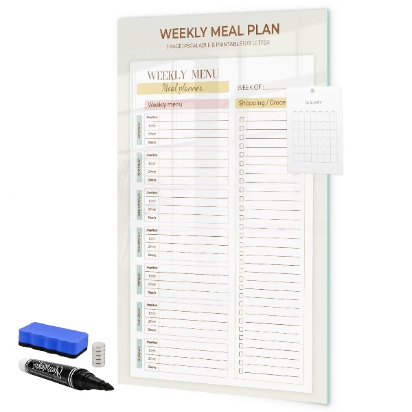 Memobord van glas met print inclusief neodymium magneten Maaltijdplan voor elke week