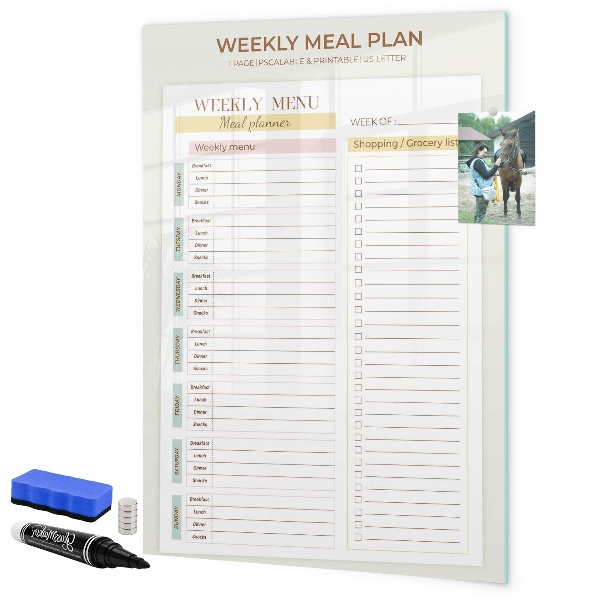 Memobord van glas met print inclusief neodymium magneten Maaltijdplan voor elke week