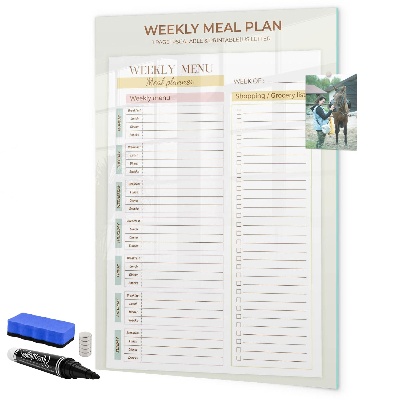 Memobord van glas met print inclusief neodymium magneten Maaltijdplan voor elke week
