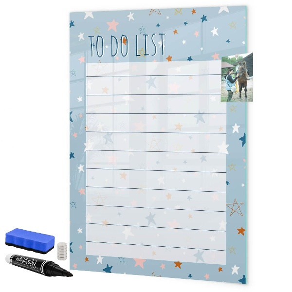 Decoratief glazen wandbord beschrijfbaar en magnetisch Takenlijst met ruimte voor foto's