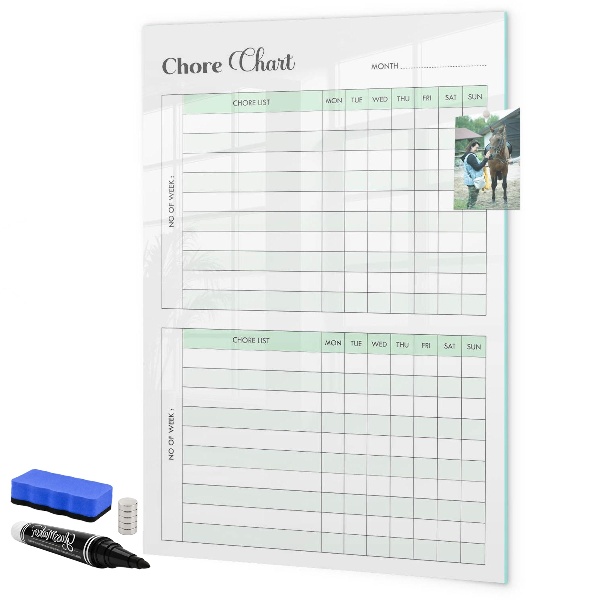 Decoratief glazen wandbord beschrijfbaar en magnetisch Huishoudelijke takenplanner voor het hele gezin