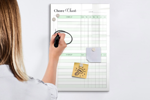 Decoratief glazen wandbord beschrijfbaar en magnetisch Huishoudelijke takenplanner voor het hele gezin