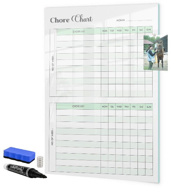 Decoratief glazen wandbord beschrijfbaar en magnetisch Huishoudelijke takenplanner voor het hele gezin