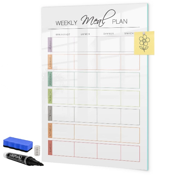 Decoratief glazen wandbord beschrijfbaar en magnetisch Maaltijdplanner voor de hele week