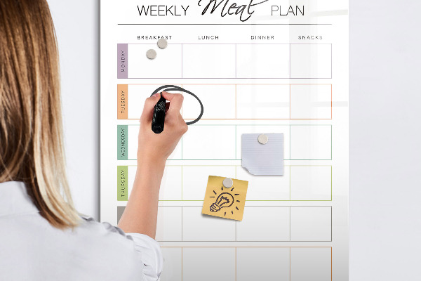 Decoratief glazen wandbord beschrijfbaar en magnetisch Maaltijdplanner voor de hele week