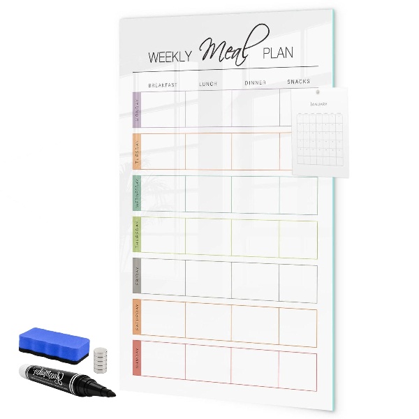 Decoratief glazen wandbord beschrijfbaar en magnetisch Maaltijdplanner voor de hele week