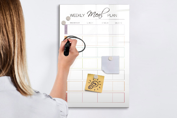 Decoratief glazen wandbord beschrijfbaar en magnetisch Maaltijdplanner voor de hele week