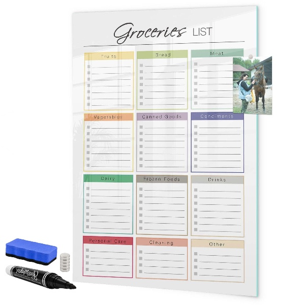 Memobord van glas met print inclusief neodymium magneten Boodschappenlijst met ruimte voor foto's