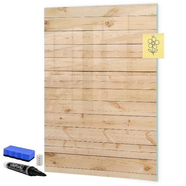 Decoratief glazen wandbord beschrijfbaar en magnetisch Notitiebord op een houten achtergrond