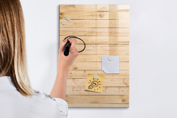 Decoratief glazen wandbord beschrijfbaar en magnetisch Notitiebord op een houten achtergrond