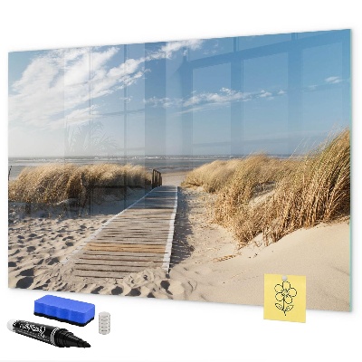Decoratief glazen wandbord beschrijfbaar en magnetisch Strand, herinneringen en creativiteit in foto's
